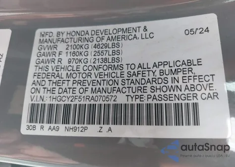 2024 Honda Accord Hybrid Sport from USA, damaged, VIN 1HGCY2F51RA070572